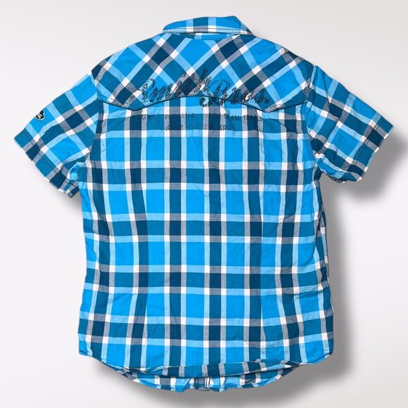 Arizona Jean Co Blue Plaid Western Shirt Snap Button Down Short Sleeve Medium - Picture 5 of 7